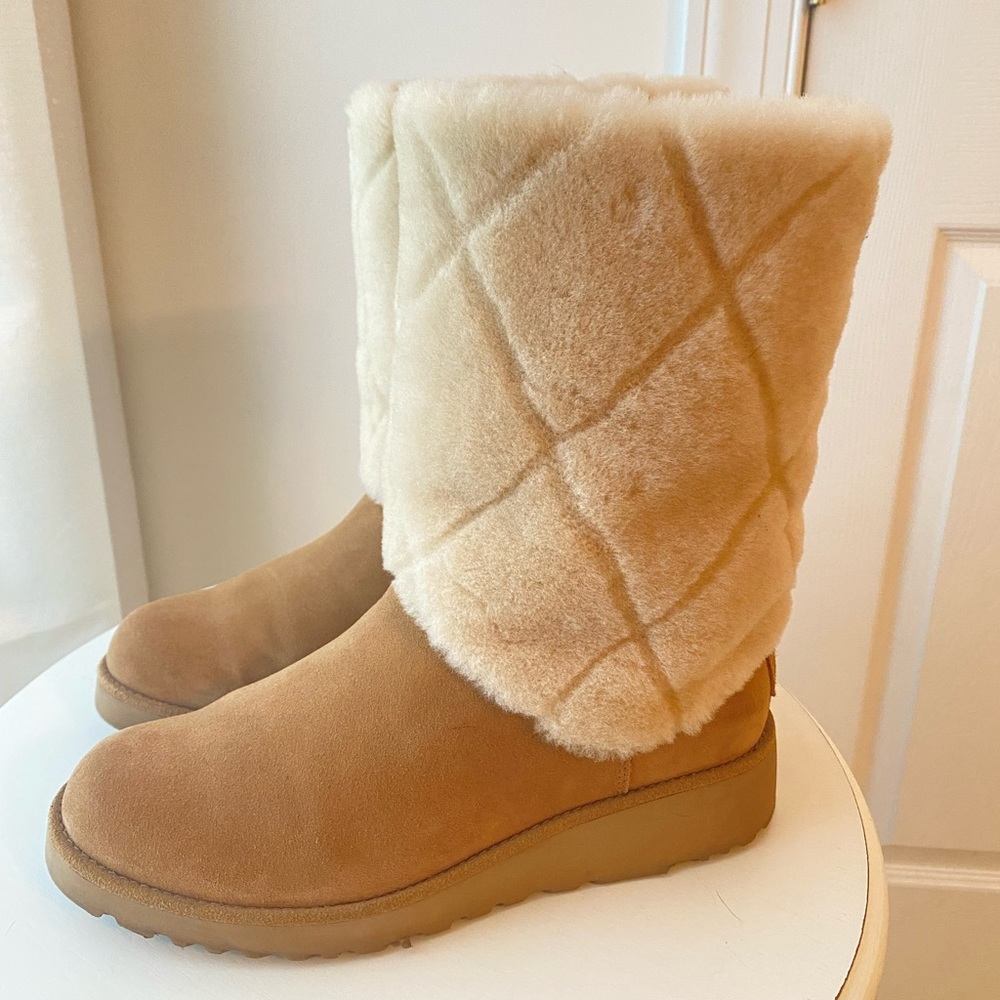 UGG Ariella Luxe Diamond Chestnut Suede Fur Cuff Wedge Short Boot Sz: 8.5